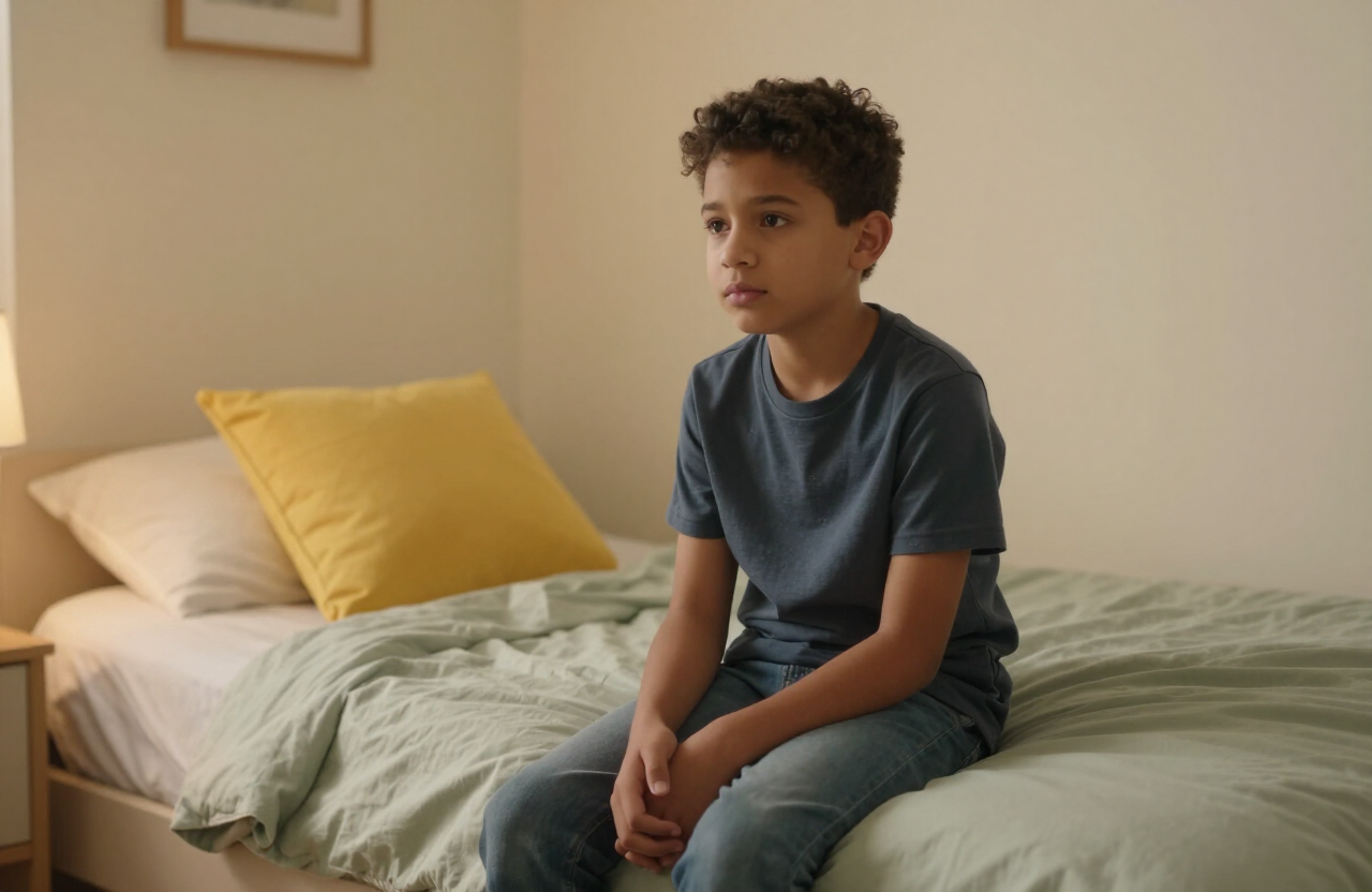 A preteen sitting quietly on the edge of a bed, looking uncertain and withdrawn in soft warm light.