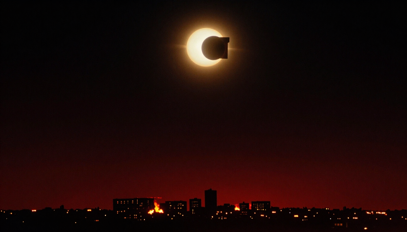 A total eclipse with a gold corona over a distant burning skyline