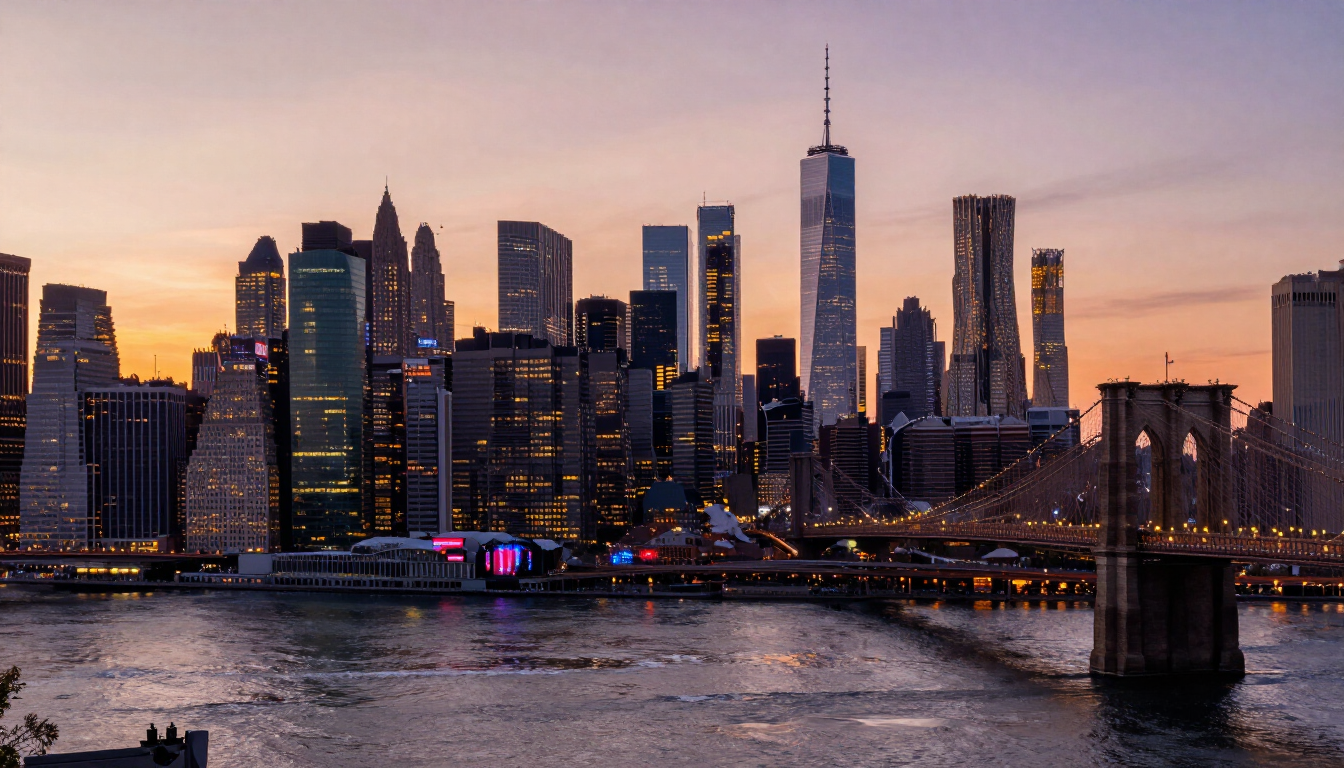 Aerial view of New York City skyline at dusk with concert venues and bridges visible, highlighting the vibrant music scene