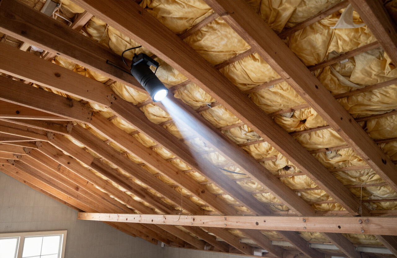 Professional wildlife inspection inside a Houston attic