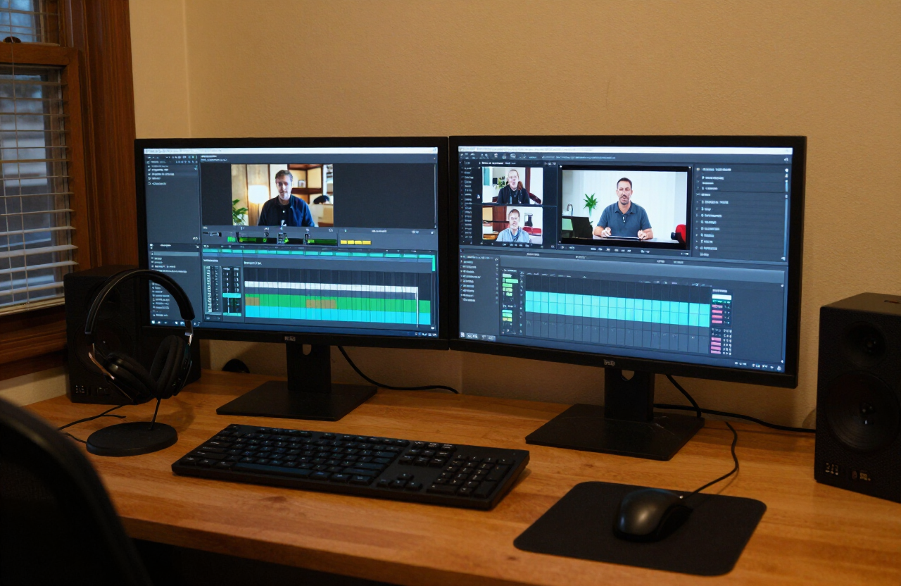 Dual monitors running worship presentation and video software in a church media booth