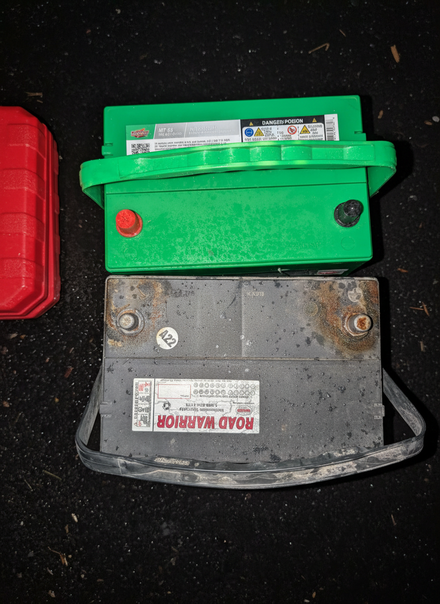 New green Interstate MT-65 battery beside a worn, corroded Road Warrior battery being replaced