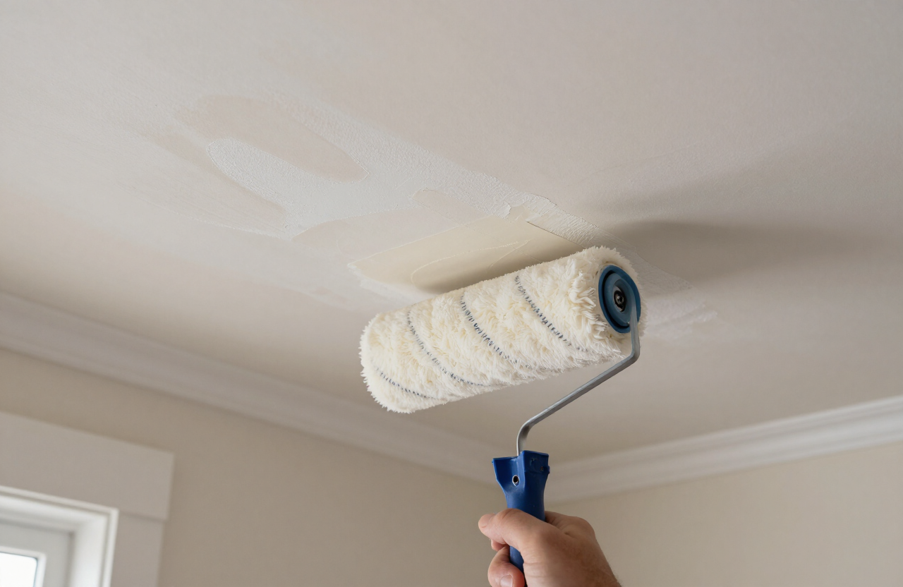 Illustrative water stain sealing scene in a Moonachie NJ home with a roller applying stain-blocking primer to a ceiling stain