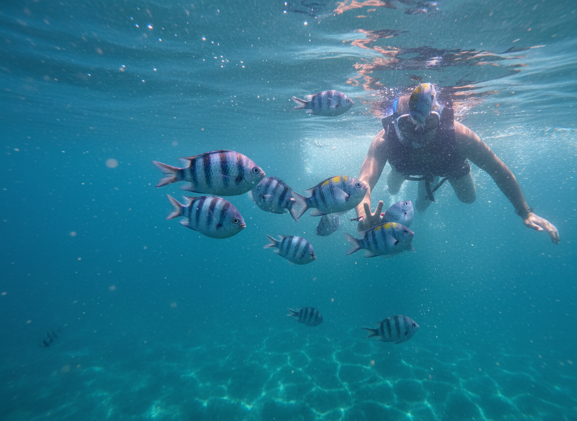 Underwater snorkeler reaching toward blue-and-white striped sergeant major fish in clear Bali reef water