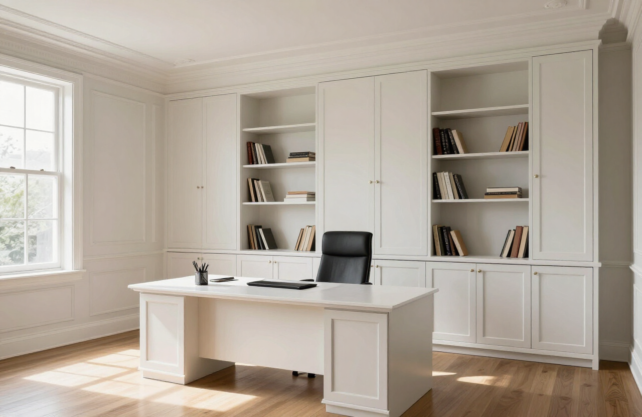 Illustrative commercial-grade fine finish work in a private Englewood NJ estate office with paneled walls and built-ins