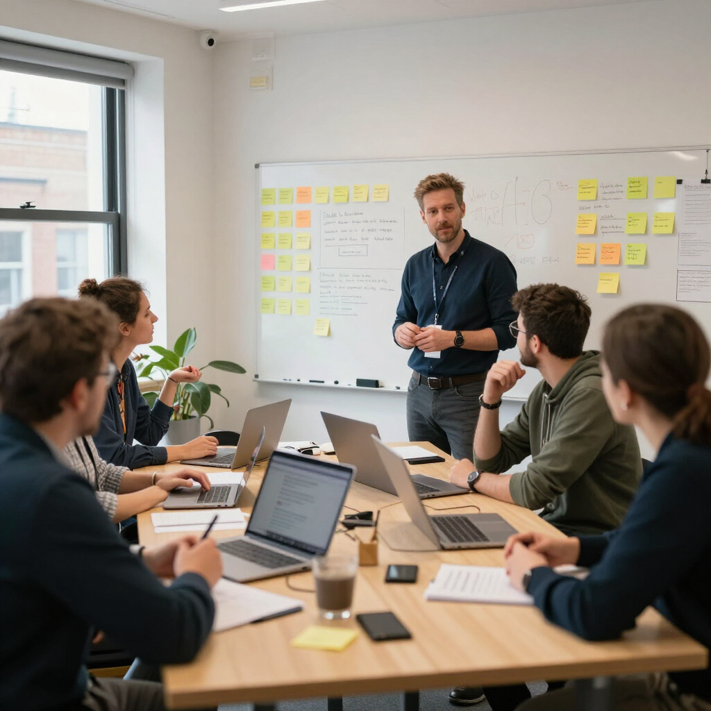 A team collaborating around a table during an agile coaching session