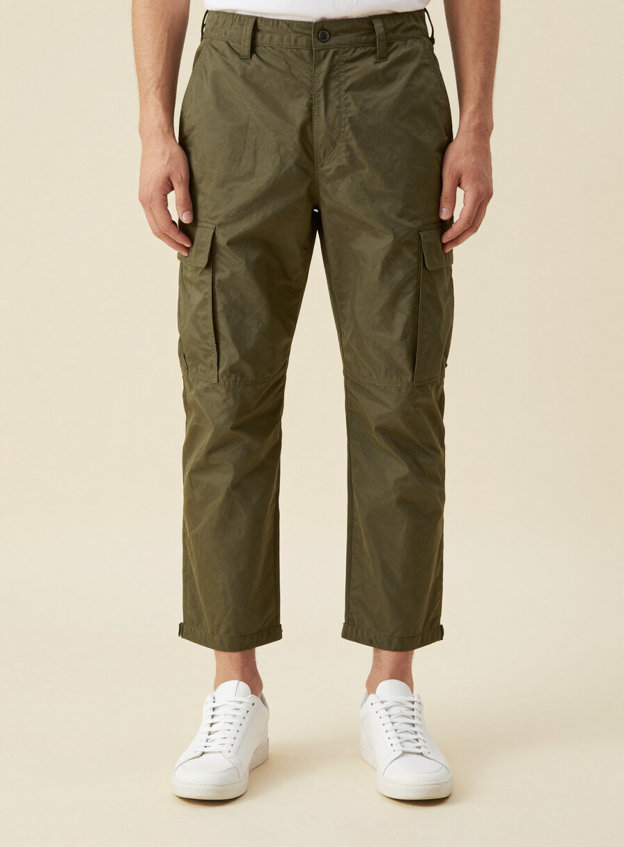 Cropped straight-leg cargo trousers in olive ripstop worn with white sneakers