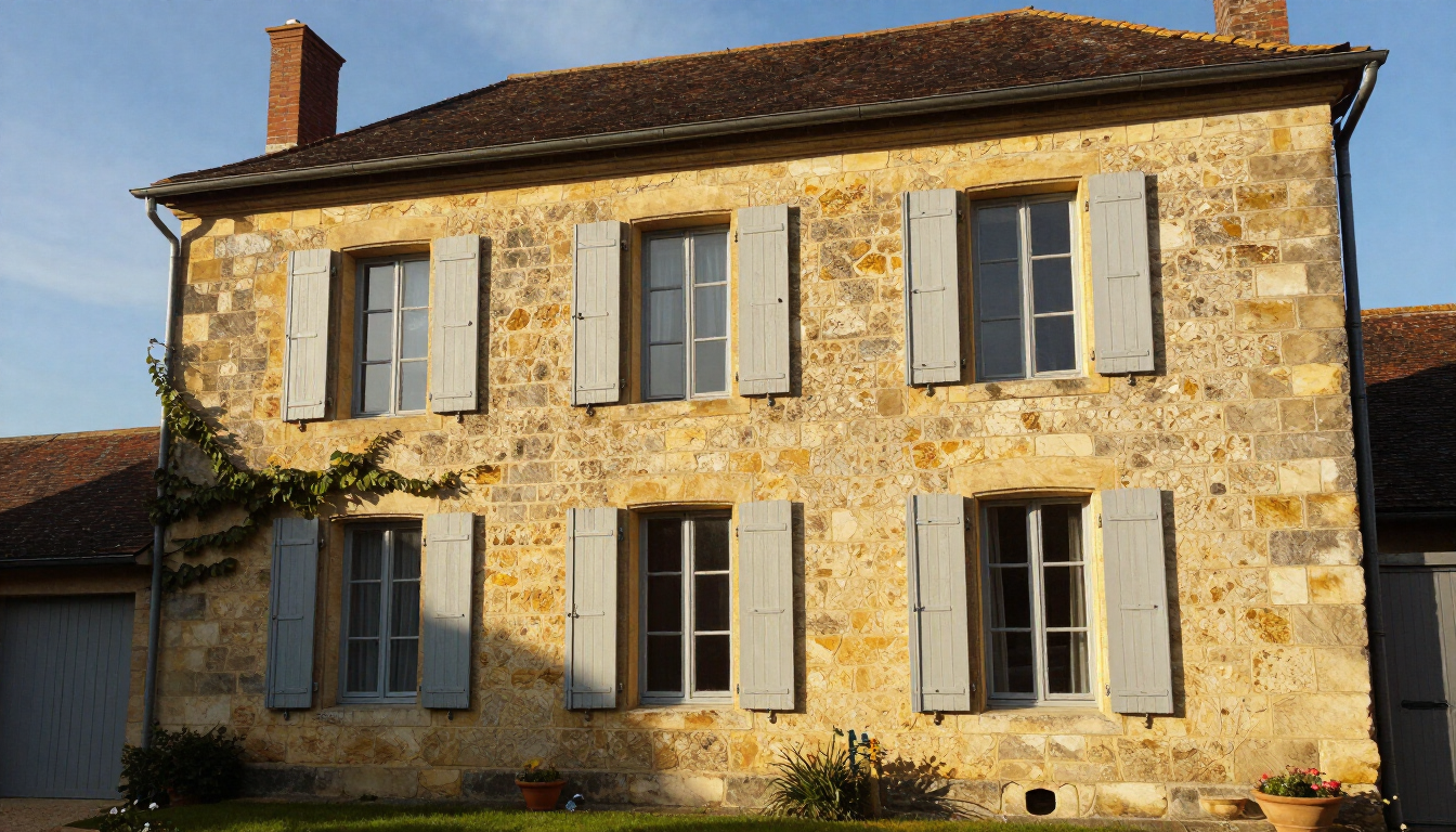 Historic honey-stone French village house with traditional shutters in Nouvelle-Aquitaine
