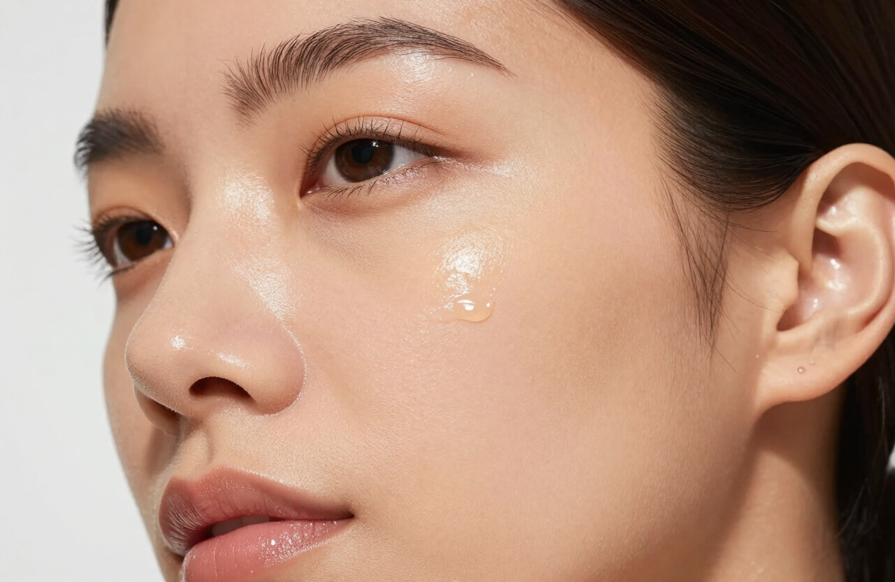 Close-up of luminous dewy skin catching natural light on the cheek