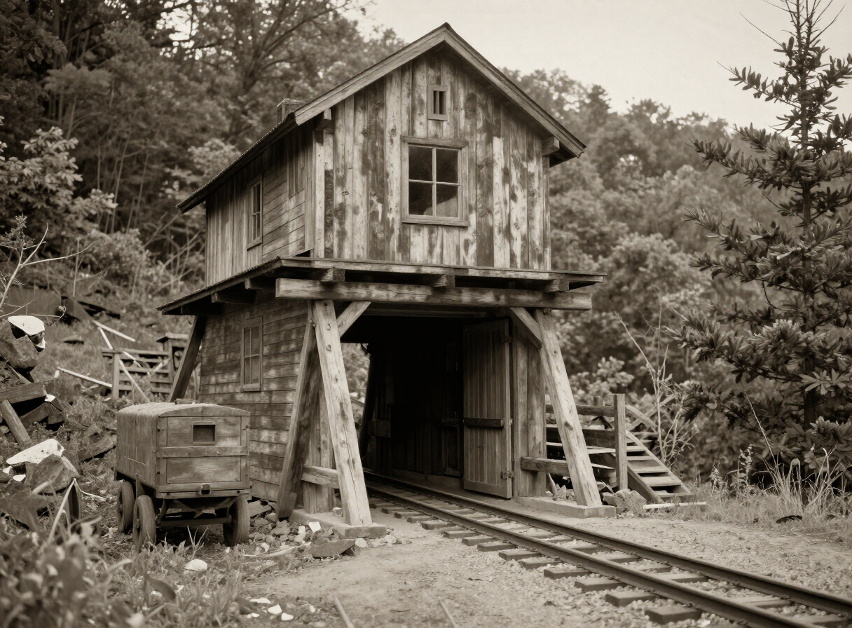 Historic early twentieth century coal mine entrance with wooden timber supports and a small rail cart track in a Southwest Virginia mountain hollow