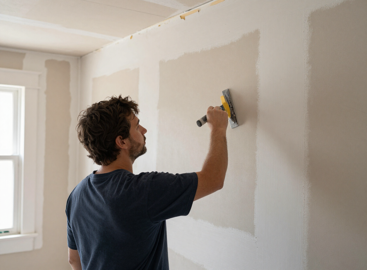 Drywall patching and skim coating in progress in East Rutherford, NJ