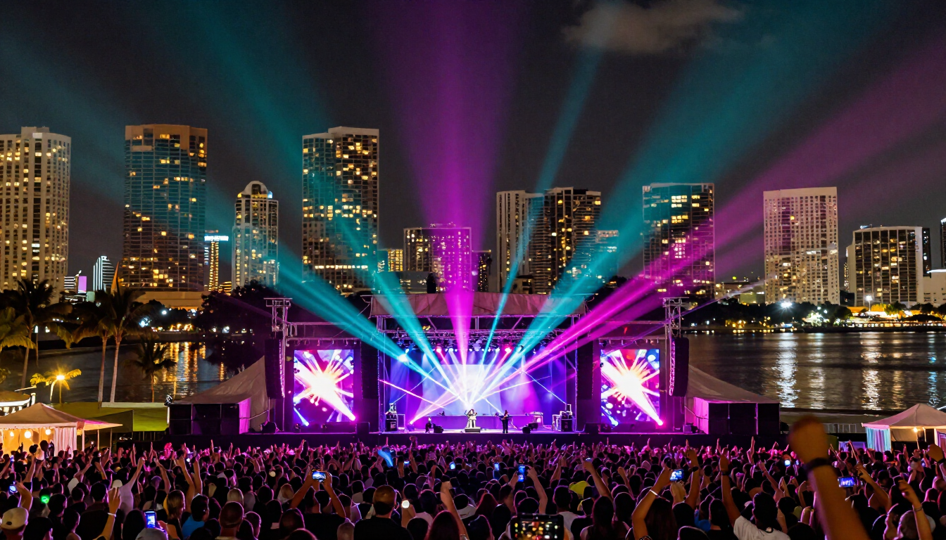 Nighttime outdoor music festival stage at Bayfront Park in downtown Miami with colorful laser lights, a cheering crowd with hands raised, and the Miami skyline glowing behind the stage over Biscayne Bay