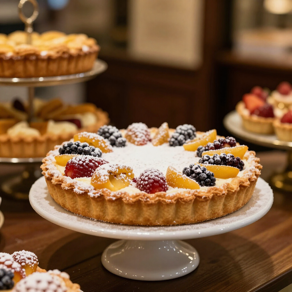 Torta della Nonna und Früchte-Crostata auf einer Kuchenplatte in einer Pasticceria