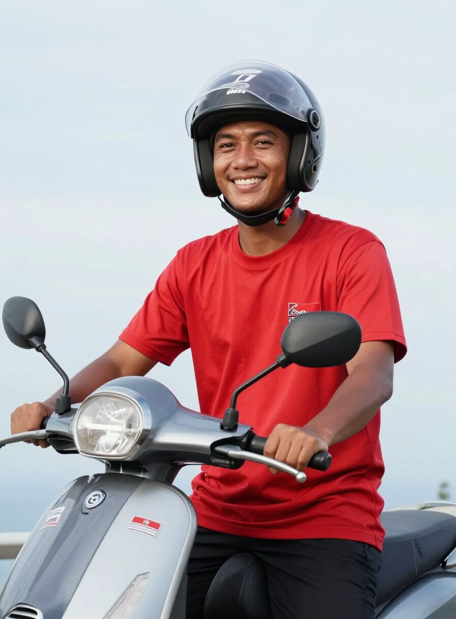 One of the Lombok Scooter Tours rider-guides beside his scooter in Suradadi, Terara, East Lombok