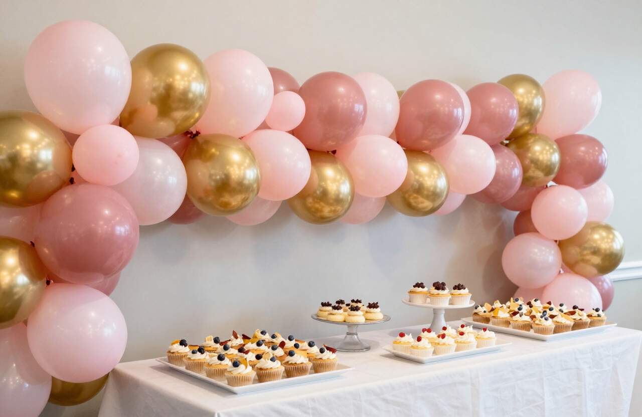 Organic balloon garland in blush pink, dusty rose and gold draped along a dessert table