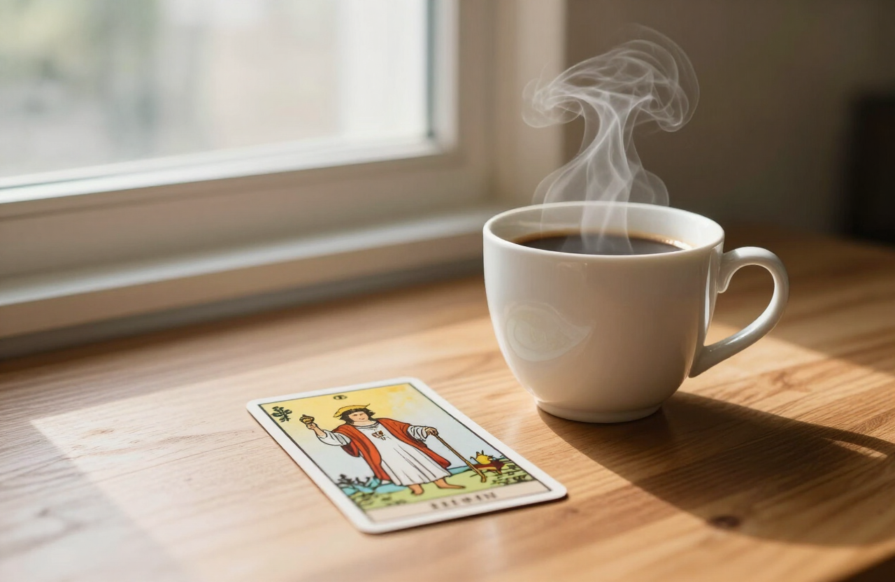 A steaming coffee cup and a tarot card resting on a table by a sunlit window