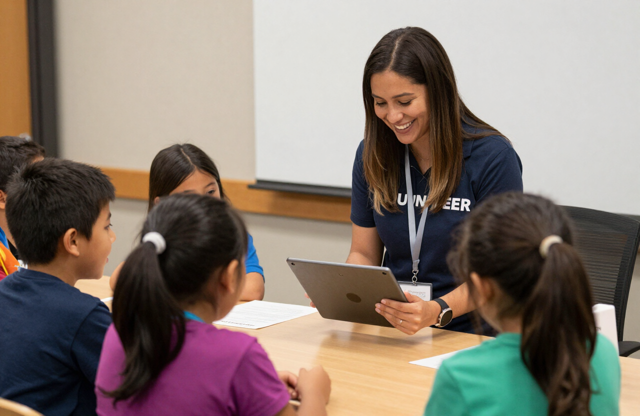 Children's ministry volunteer helping kids check in on a tablet