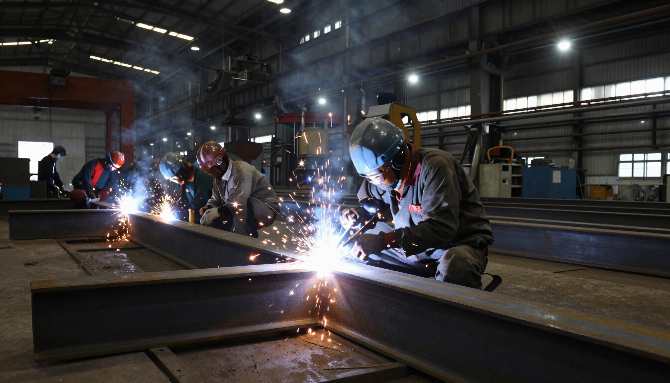 Steel fabrication floor at the Indus Metal Systems workshop