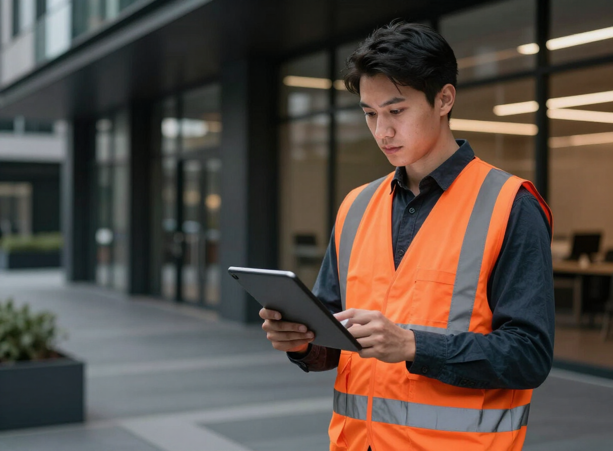 Facility manager in a hi-vis vest reviewing building services on a tablet