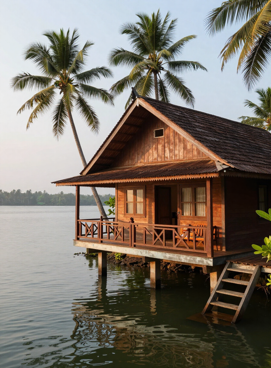 Wooden riverside cottage with veranda overlooking the backwaters