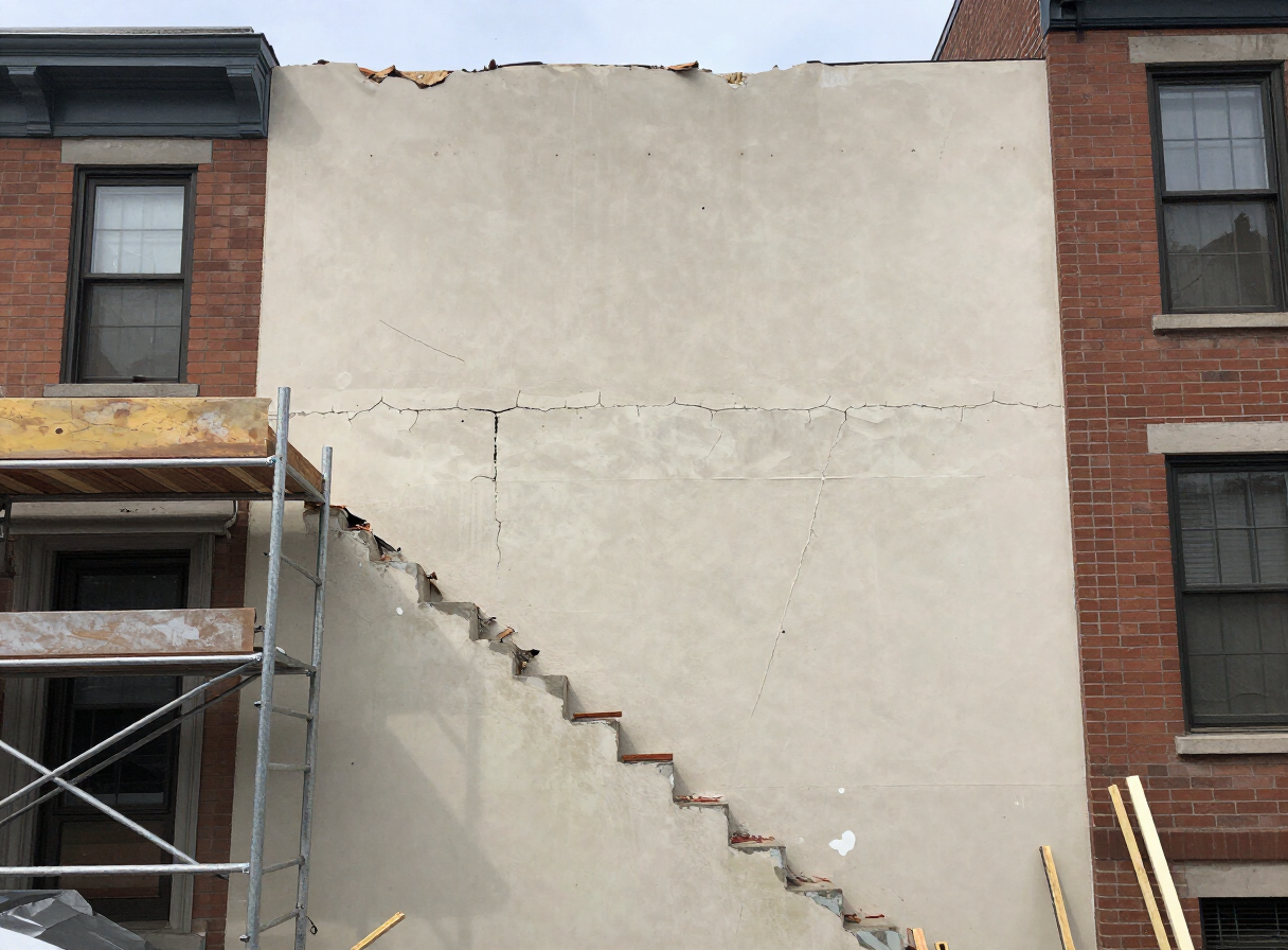 Tall high stairway wall in a North Bergen NJ two-family home with settlement cracks before repair