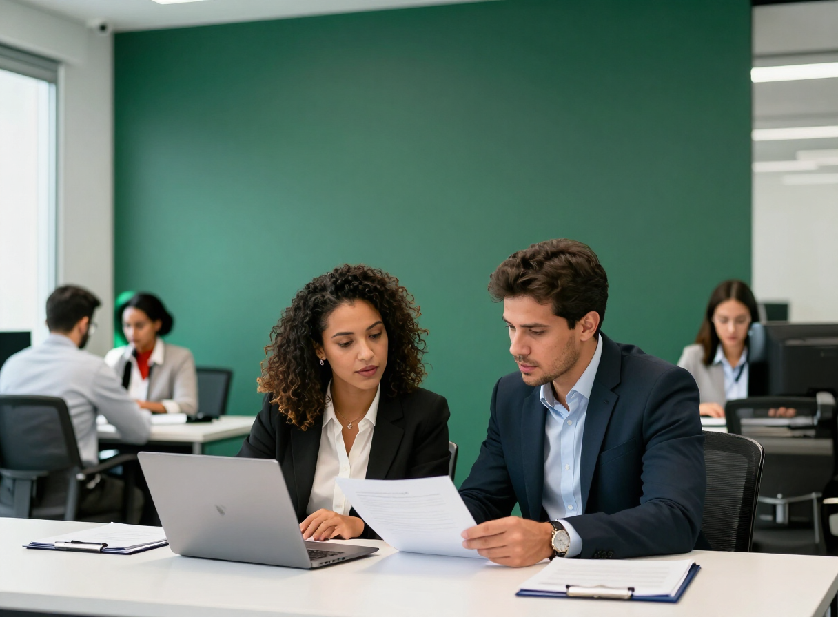 Empresária e profissional de contabilidade analisando documentos no notebook