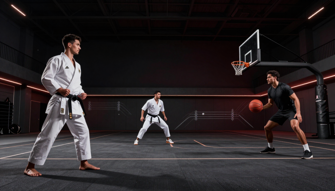 Atletas de karate, fútbol y basketball en un entorno de tecnología deportiva