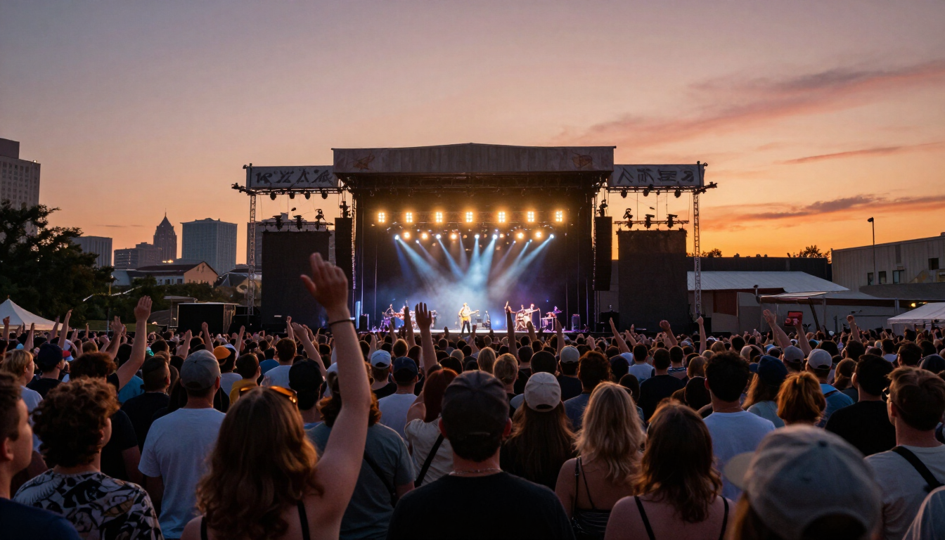 Wide shot of a packed outdoor concert crowd with arms raised, facing an illuminated stage at sunset