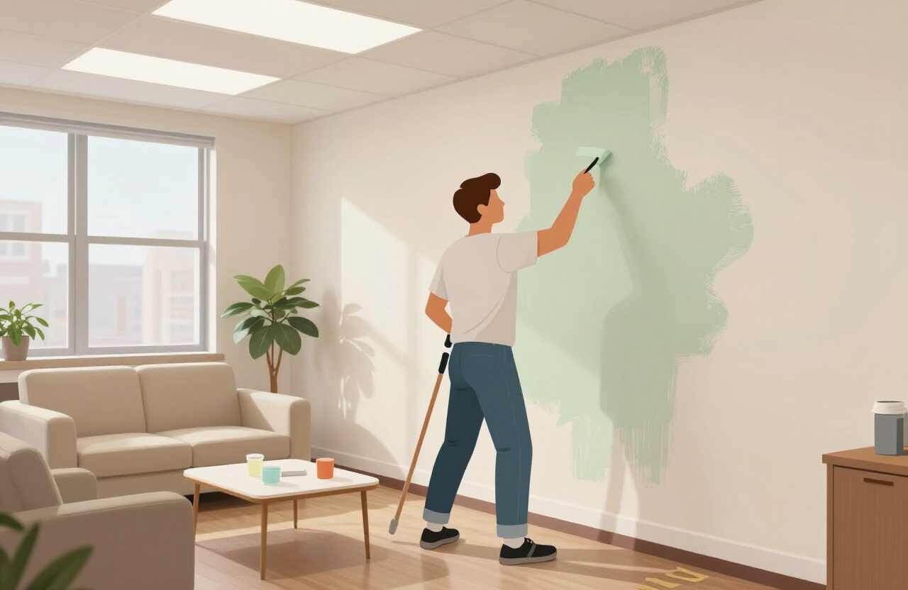 Illustrative commercial painter refreshing an office interior in downtown Hackensack NJ after hours, scuff-resistant finish on walls, protected furniture