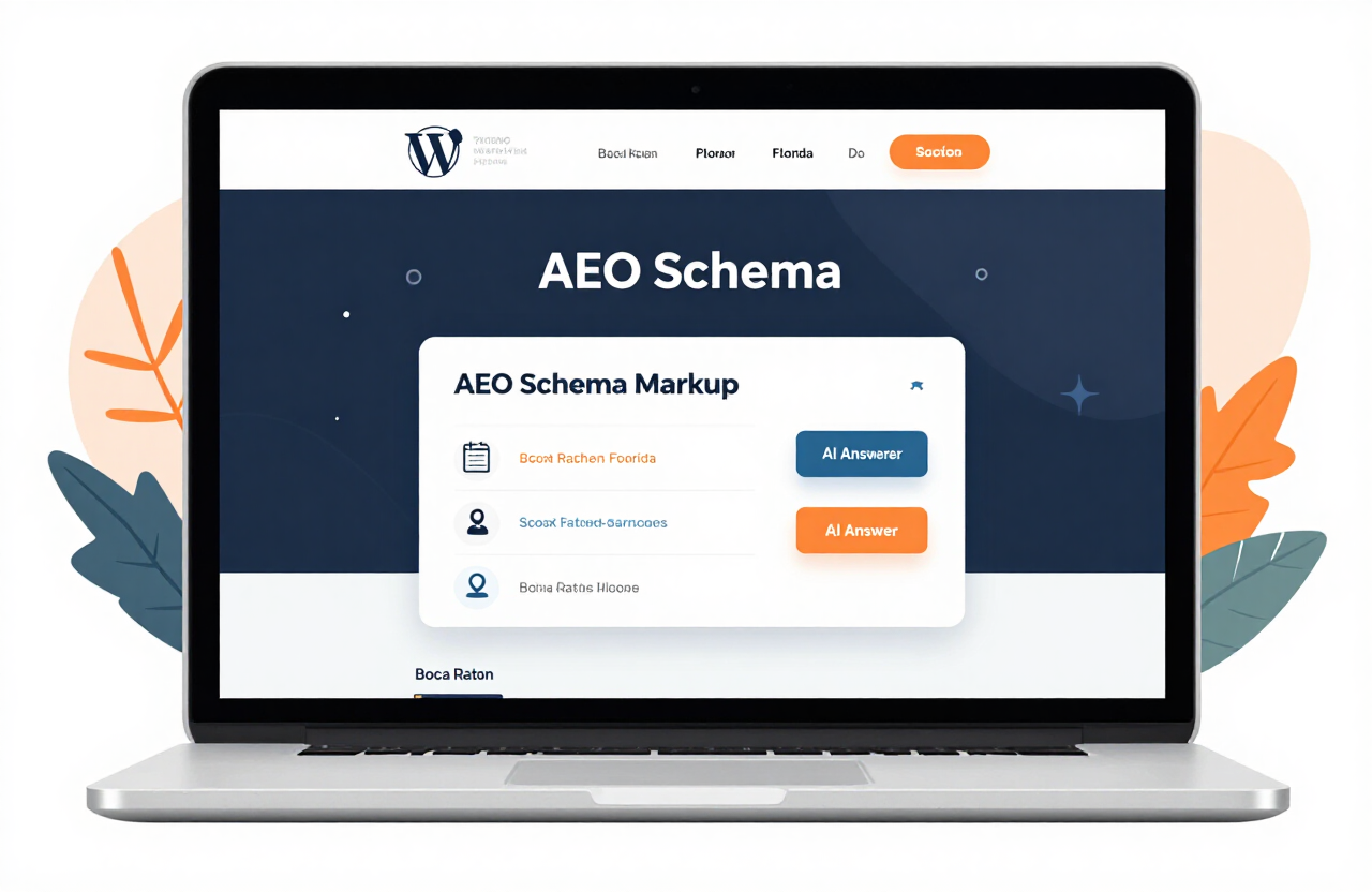 WordPress website with AEO schema markup and AI answer engine citation interface for a Boca Raton Florida business