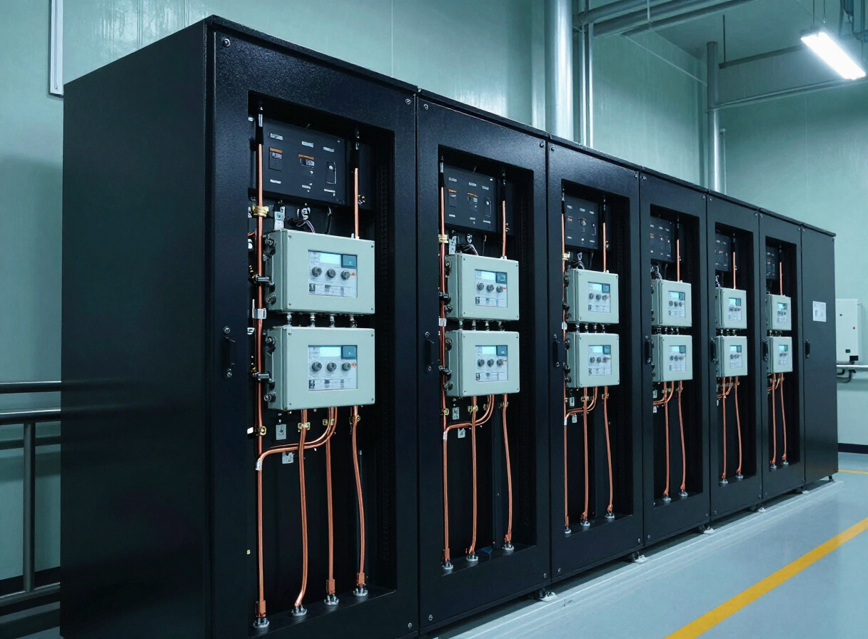 DC microgrid battery energy storage cabinets with copper busbars and DC distribution panels