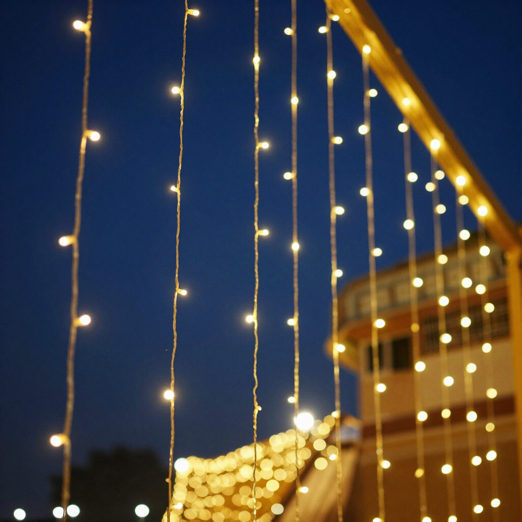 Warm golden LED jhalar string lights glowing at night