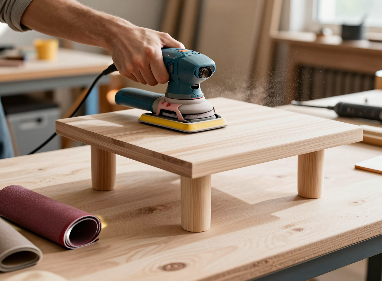 A woodworker sanding a handmade wooden side table on a workbench, orbital sander and sandpaper nearby, smooth wood surface, bright workshop