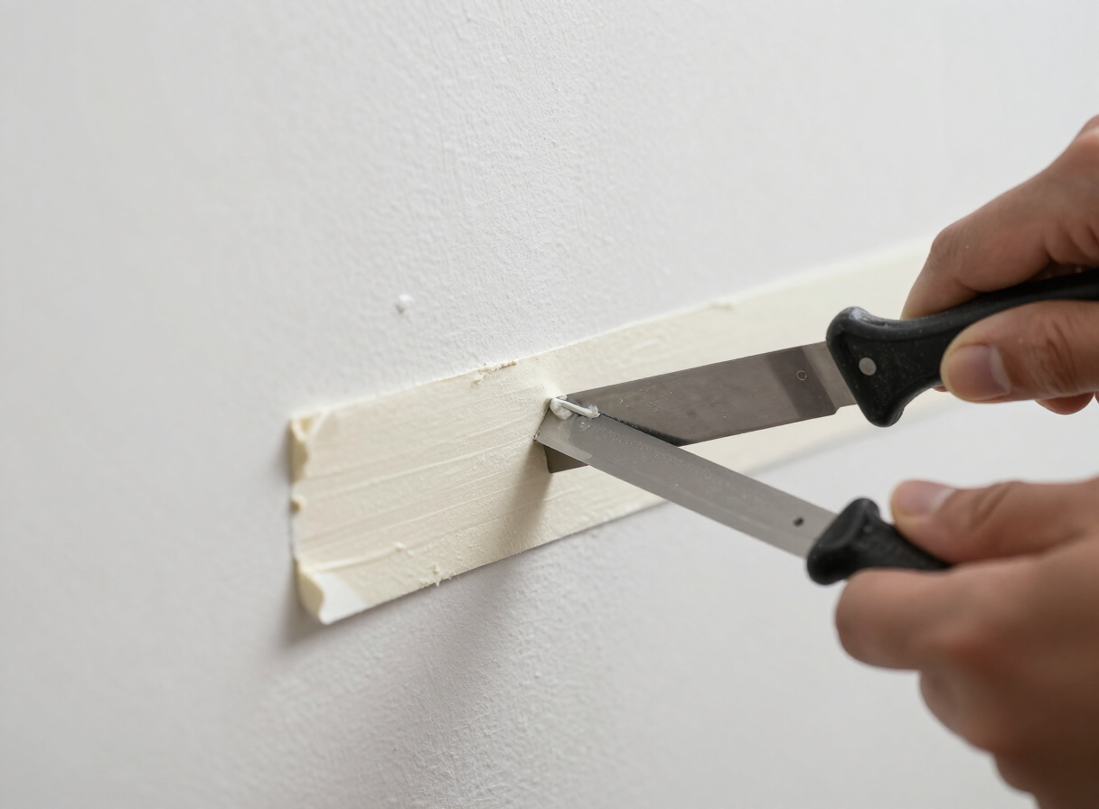 Close-up of a taping knife pulling joint compound across a drywall seam