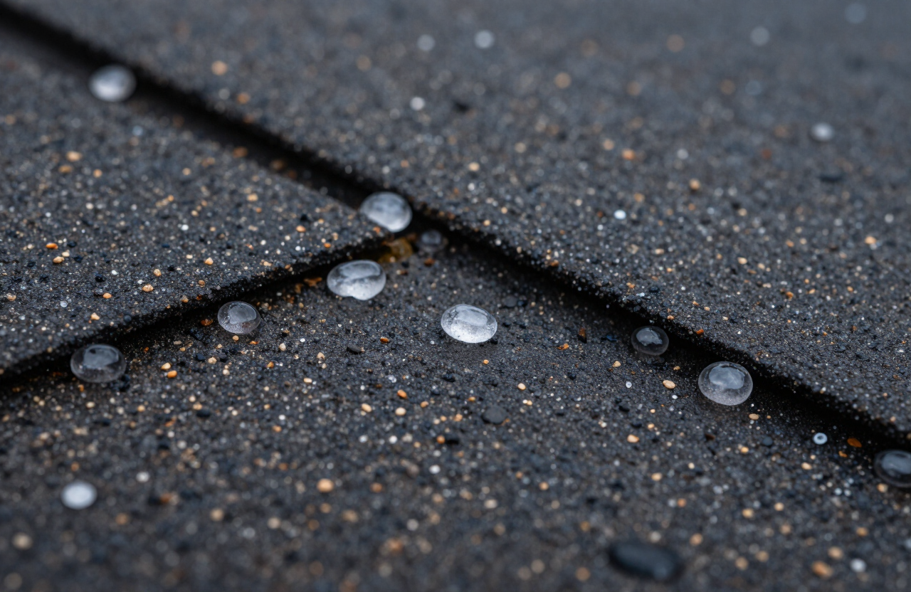 Close-up of hail impact damage on asphalt shingles
