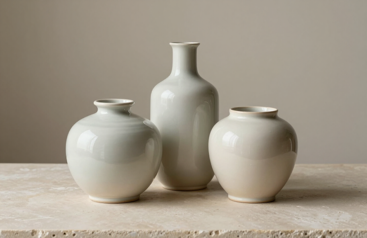 Three ceramic vessels in soft sage and cream glazes on a pale stone surface