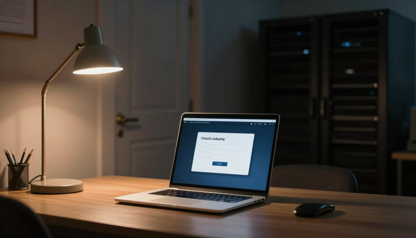 Laptop showing a login screen on a desk in a dim church office