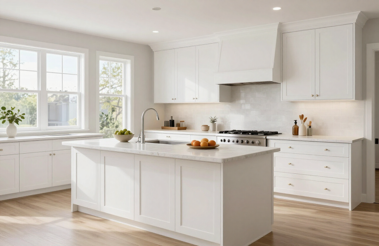 Illustrative custom kitchen with freshly painted cabinetry and a furniture-grade island finish in an Englewood NJ luxury home