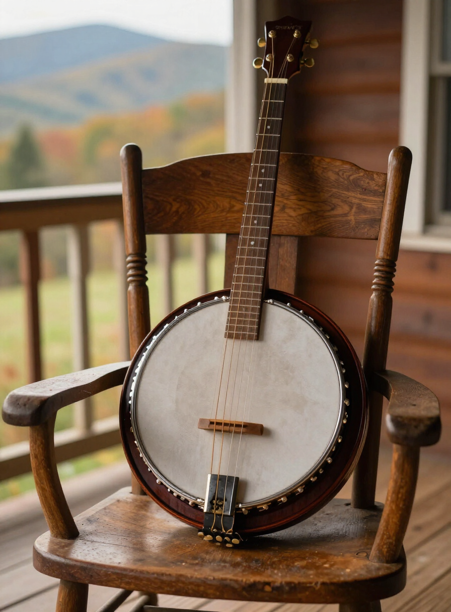 Close-up of a vintage open-back clawhammer banjo resting on a wooden chair on a rustic mountain porch in Southwest Virginia
