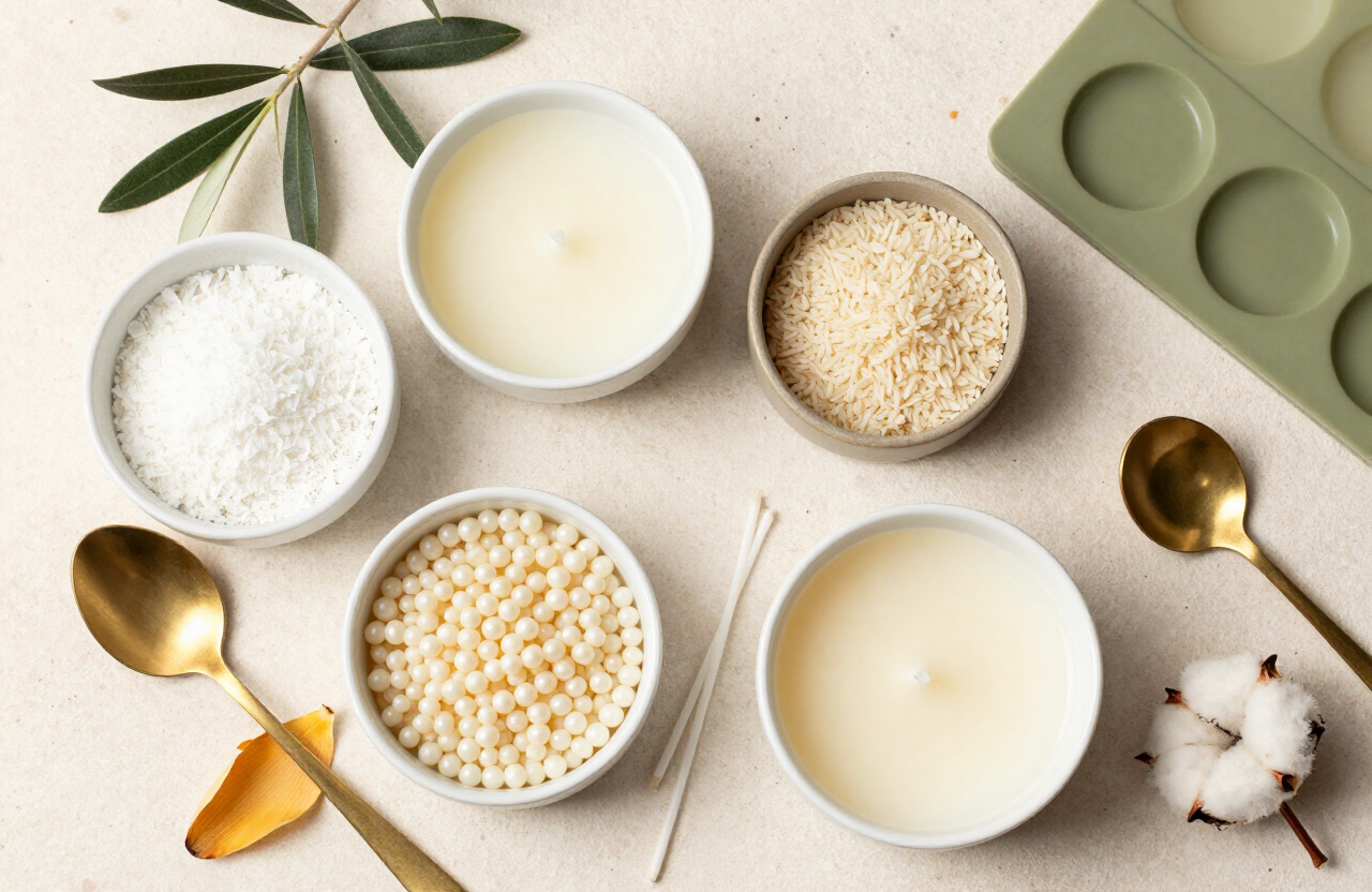 Ingredientes naturais das velas: ceras de coco, palma e arroz, pétalas de lótus e folhas de oliveira