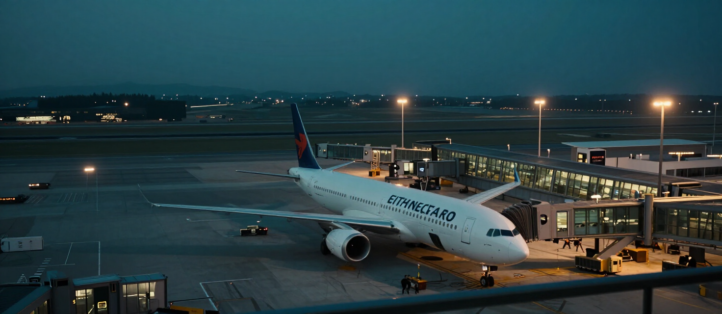 International airport terminal at blue hour with an airplane on the tarmac and runway lights glowing