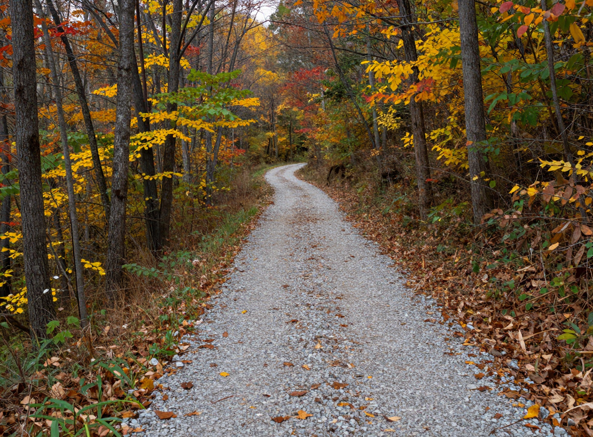 Crushed limestone New River Trail passing through quiet wooded countryside near Draper, Virginia