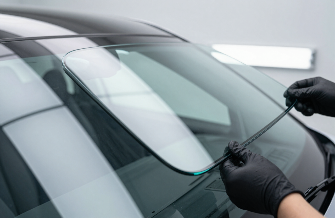 Technician aligning a large panoramic automotive glass roof panel onto an electric vehicle