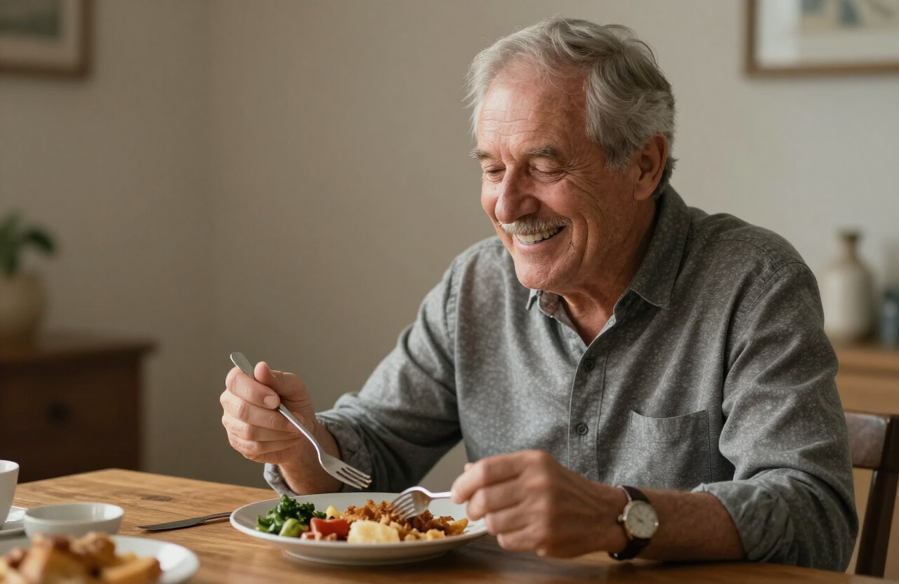 A smiling older adult eating a meal comfortably at a wooden dining table in warm home lighting