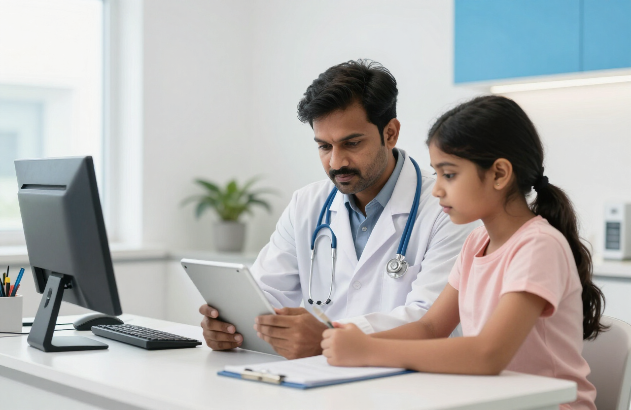 A doctor consulting a patient while reviewing a tablet together in a modern clinic