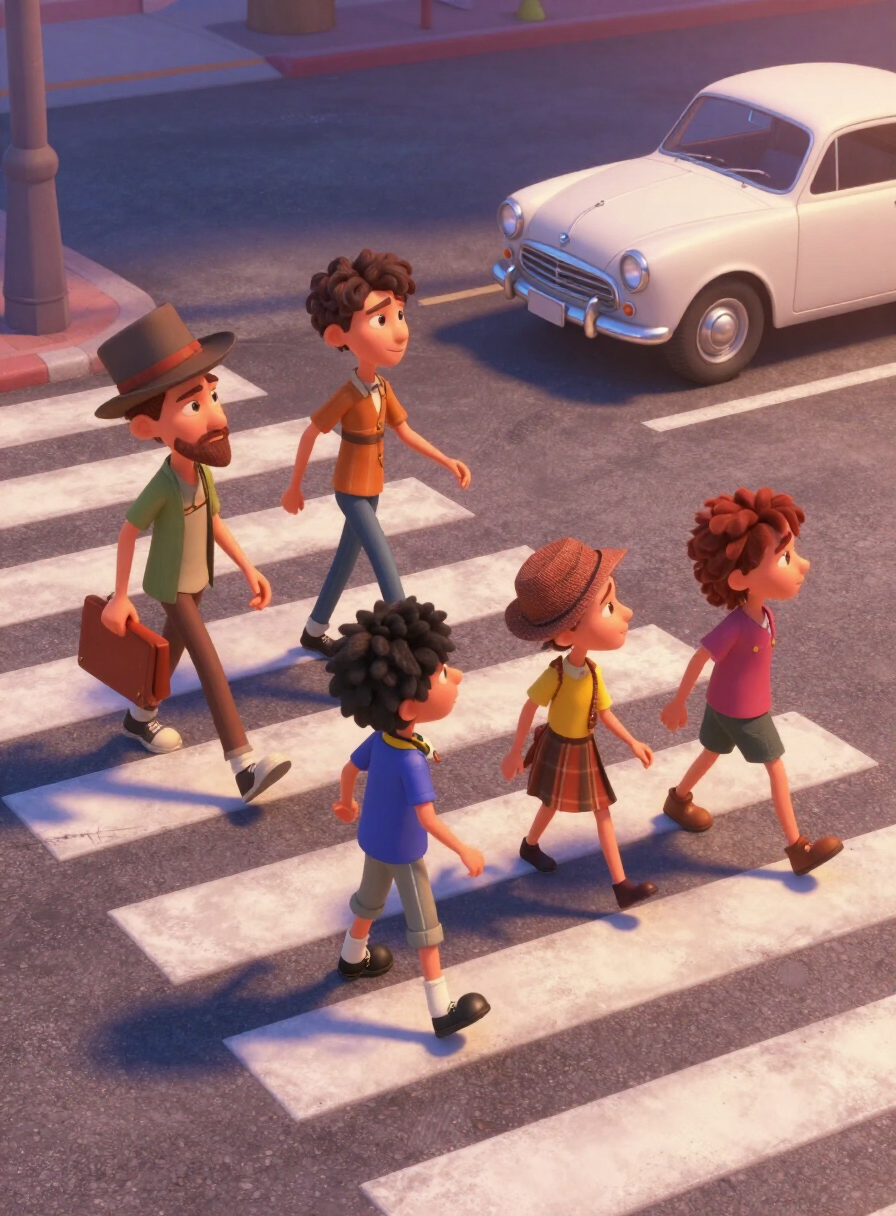 Cartoon musicians walking across a zebra crossing seen from above