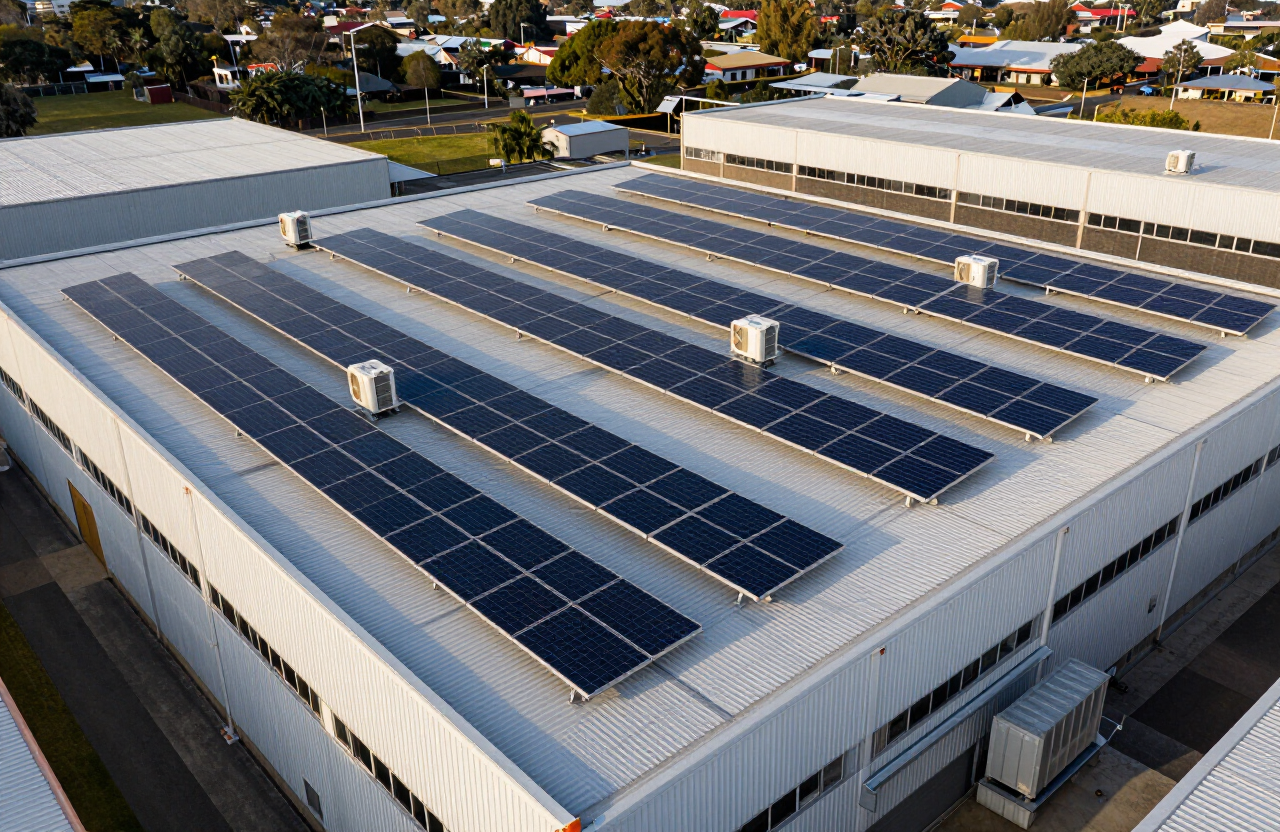 Rows of solar panels on a Western Sydney warehouse roof