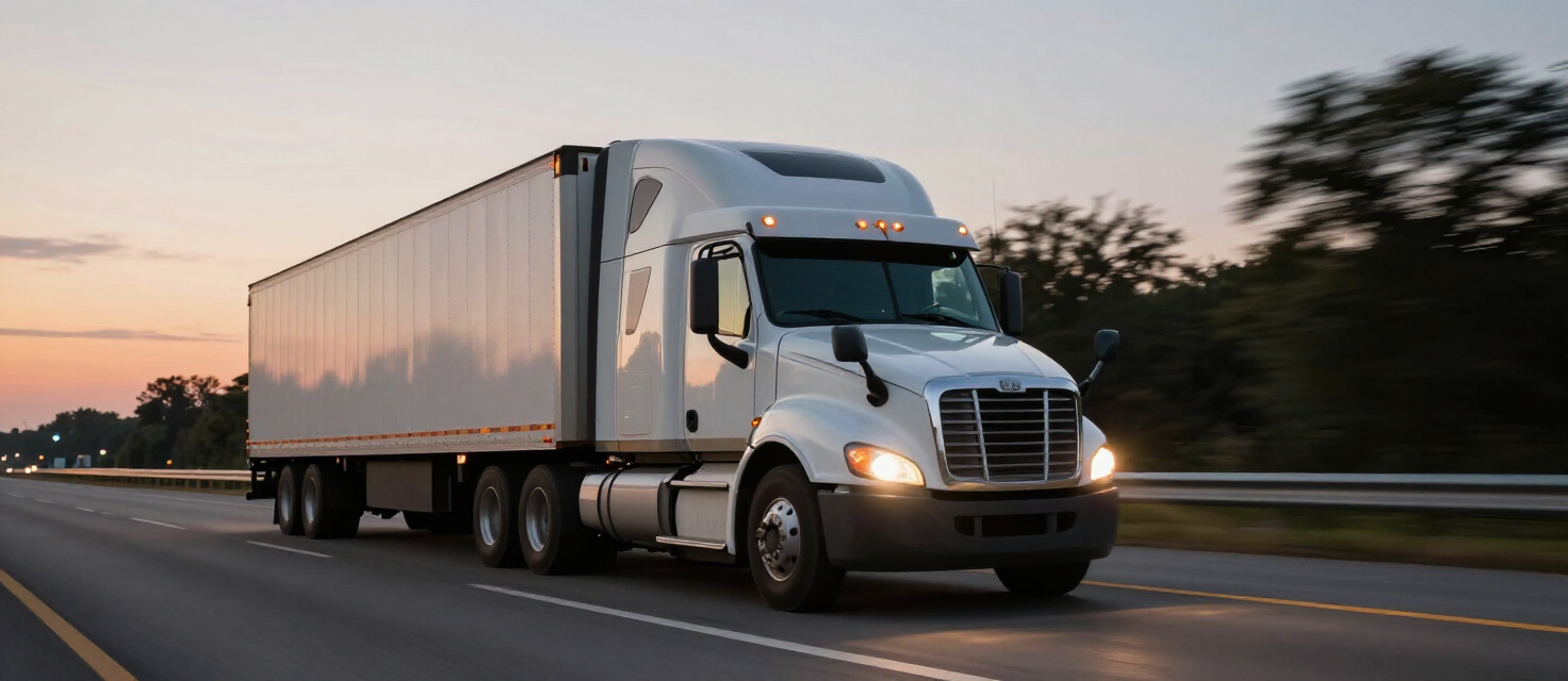 Semi-truck tractor-trailer driving on a Kansas City interstate at dusk with headlights and motion blur