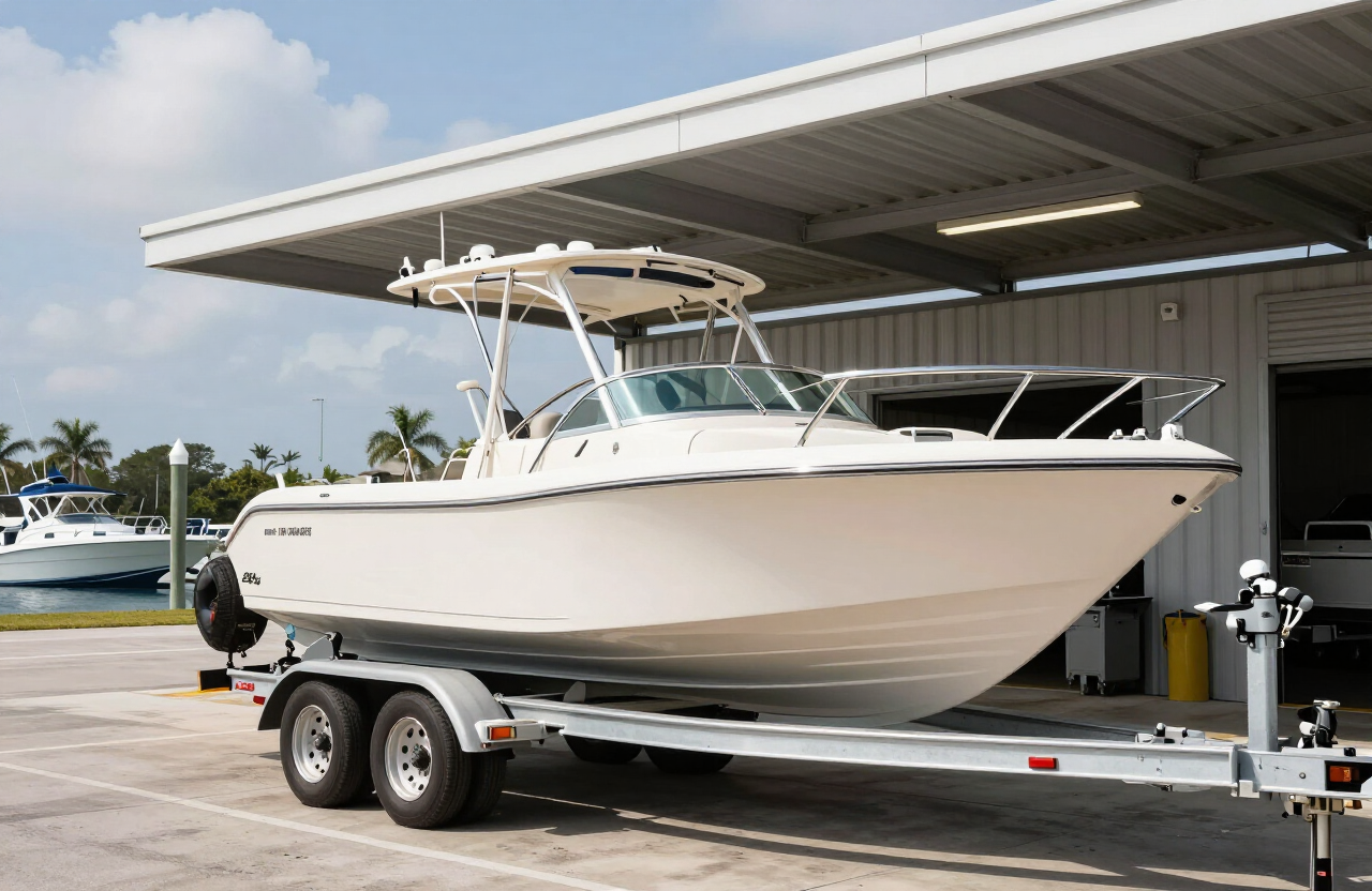 Boat on trailer stored under a covered canopy