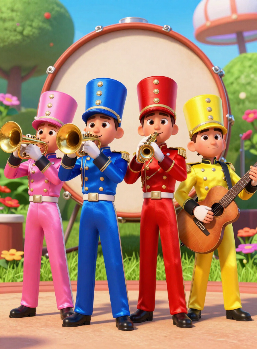 Cartoon band in colourful satin military costumes in a flower garden
